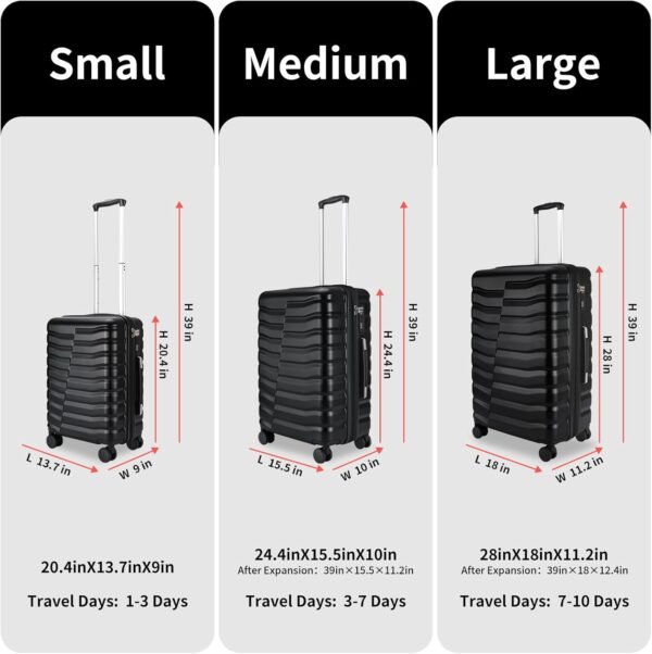 Lightweight Luggage with Spinner Wheels & YKK Zipper, Hard Shell 3-Piece Suitcase ABS+PC Hardside Luggage Set with TSA Lock for Men Travel, Black (20+24+28 inch) - Image 2