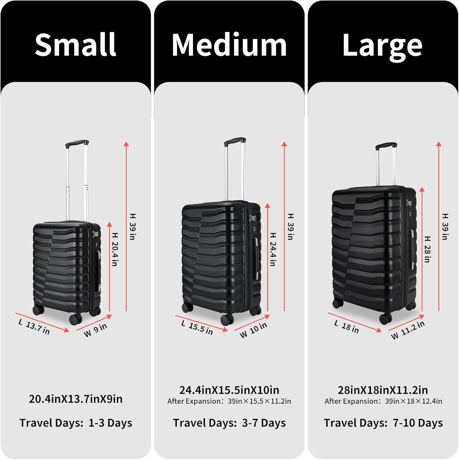 Lightweight Luggage with Spinner Wheels & YKK Zipper, Hard Shell 3-Piece Suitcase ABS+PC Hardside Luggage Set with TSA Lock for Men Travel, Black (20+24+28 inch) - Image 2