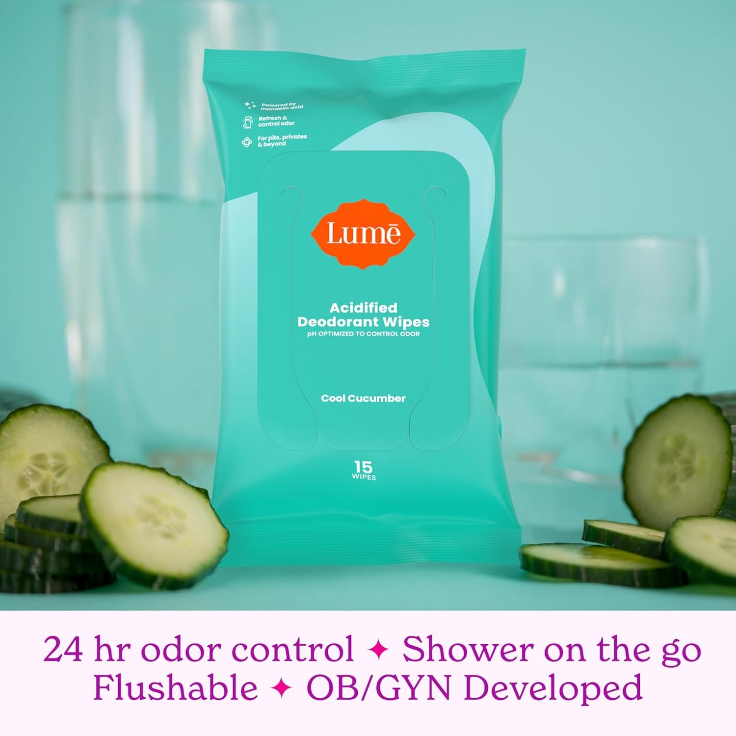 Lume Acidified Deodorant Wipes - 24 Hour Odor Control - Aluminum Free, Baking Soda Free, Skin Loving - 15 Count (Pack of 3) (Cool Cucumber) - Image 7