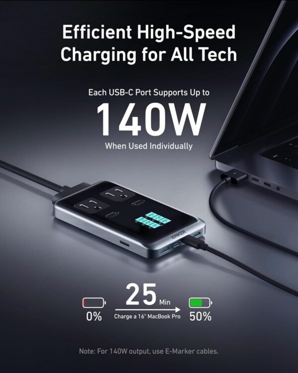Anker Prime Charging Station, 240W 8-in-1 USB-C Power Strip, 5 ft Detachable Extension Cord, 2 AC, 4 USB-C, 2 USB-A, for iPhone 16/15, Desktop Accessory for MacBook, Home, Office (Not for Travel) - Image 4