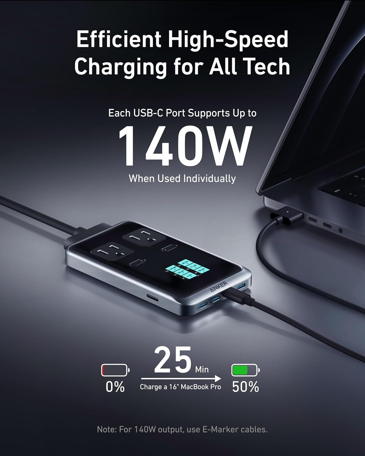 Anker Prime Charging Station, 240W 8-in-1 USB-C Power Strip, 5 ft Detachable Extension Cord, 2 AC, 4 USB-C, 2 USB-A, for iPhone 16/15, Desktop Accessory for MacBook, Home, Office (Not for Travel) - Image 4