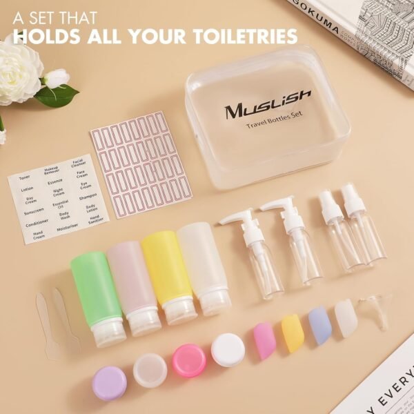 Muslish 21 Pack Leak Proof Silicone Travel Bottles Set, TSA Approved Containers for Toiletries, Travel Size Accessories and Shampoo Conditioner Bottles with Toiletry Bag (BPA Free) - Image 6
