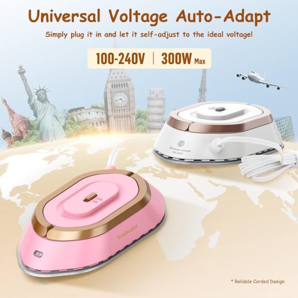 Newbealer Travel Iron with Global Voltage, 100-240V Mini Dry Iron for Clothes (No Steam), Max 300W, 60s Heat Up, 302℉ Non-Stick Ceramic Soleplate, 0.8lbs Ultra-Lightweight (Gold) - Image 3