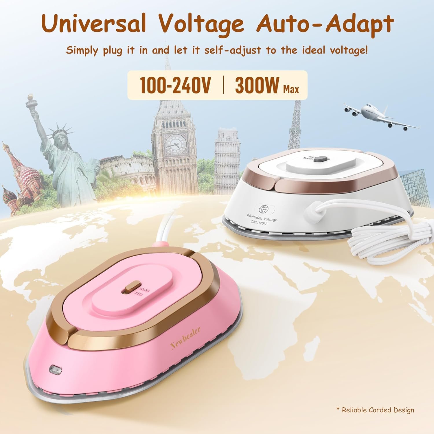 Newbealer Travel Iron with Global Voltage, 100-240V Mini Dry Iron for Clothes (No Steam), Max 300W, 60s Heat Up, 302℉ Non-Stick Ceramic Soleplate, 0.8lbs Ultra-Lightweight (Gold) - Image 3