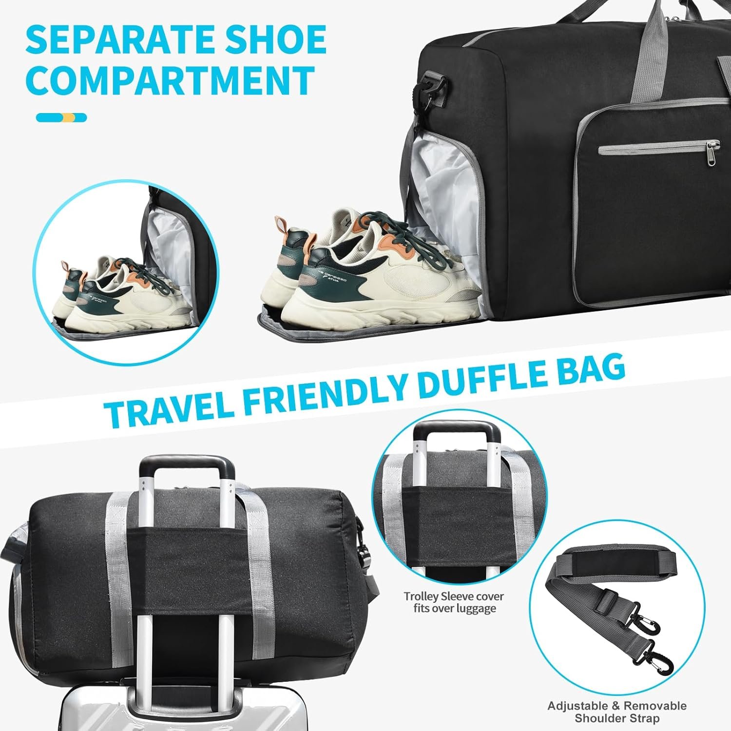 Felipe Varela Duffle Bag with Shoes Compartment and Adjustable Strap,Foldable Travel Duffel Bags for Men Women,Waterproof Duffel Bags - Image 5