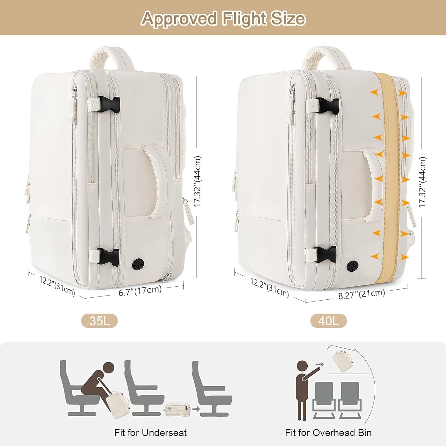 Travel Backpack for Women, Expandable 40L Carry on Flight Approved Backpack, 17 Inch Laptop Waterproof Travel Bag for College, Travel, Work, Beige - Image 2
