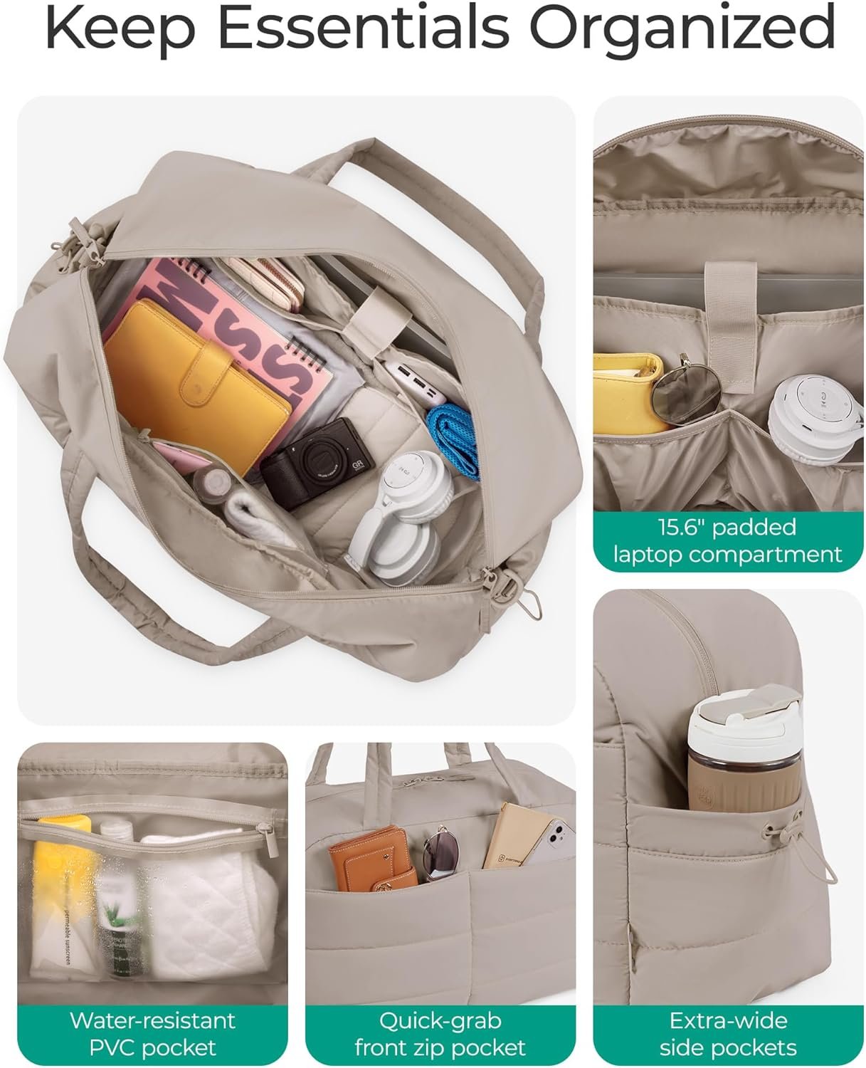 BAGSMART Gym Bag for Women with Toiletry Pouch, Lightweight Weekender Bags for Women with Wet Pocket, 31L Quilted Travel Duffle Carry On Bag, Weekender Overnight Bag for Travel,Water Resistant, Camel - Image 3