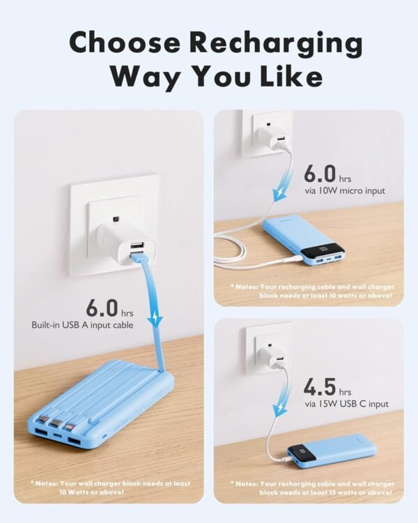 Portable Charger with Built in Cables, Portable Charger with Cords Wires Slim 10000mAh Travel Battery Pack 6 Outputs 3 Inputs 3A Fast Charging Power Bank for Samsung Google Pixel LG Moto iPhone iPad - Image 4