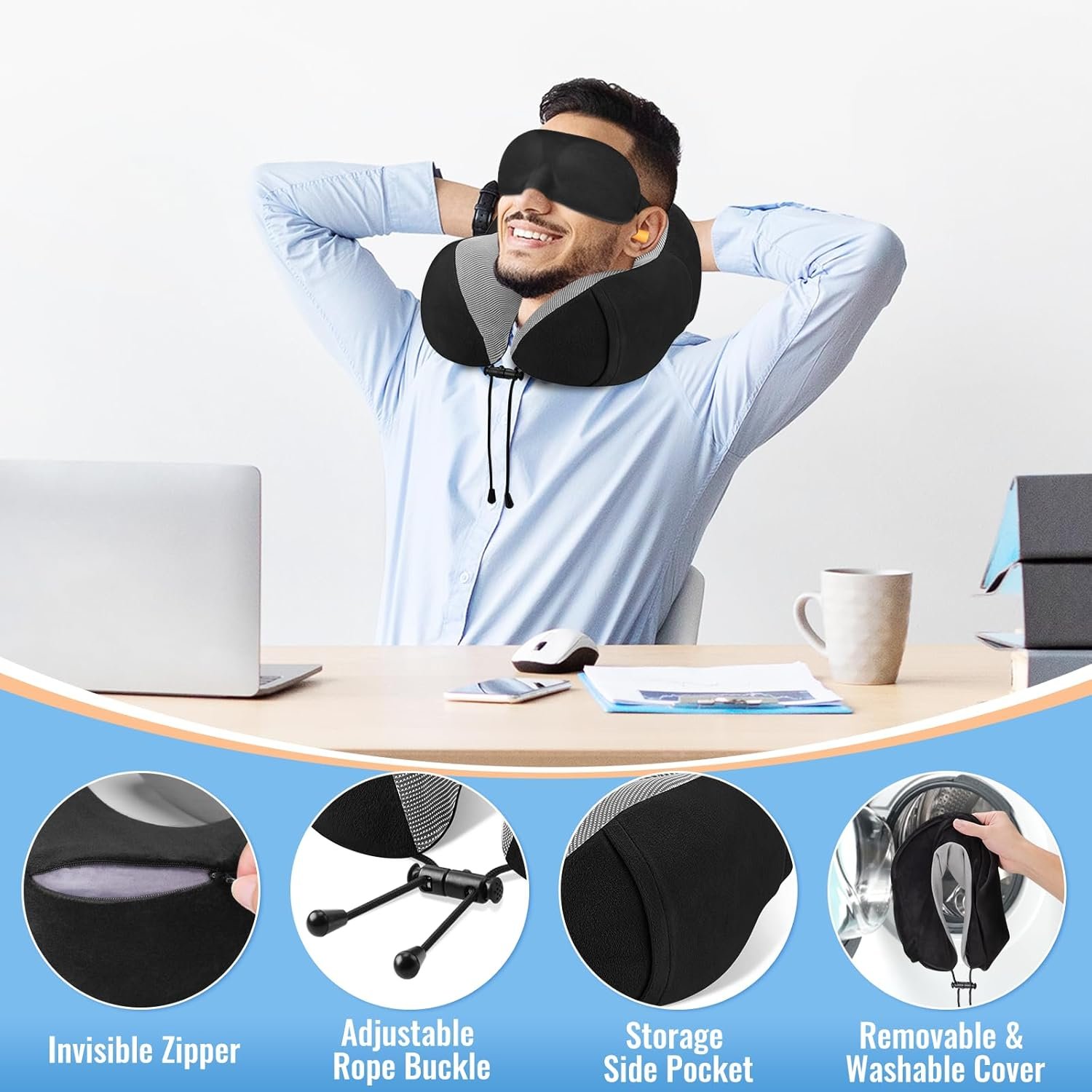 CloudBliss Travel Pillow Premium Memory Foam, Comfortable & Supportive Neck Pillow, Sleeping Neck Pillows for Travel, Airplane Pillow for Sleeping Airplane, Car, Office and Home(Black) - Image 4