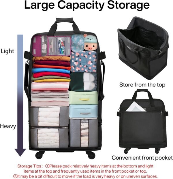 Hanke Suitcases with Wheels Expandable Foldable Luggage Bag Suitcase Collapsible Rolling Travel Bag Duffel Bag for Men Women Lightweight Suitcases without Telescoping Handle, Black - Image 5