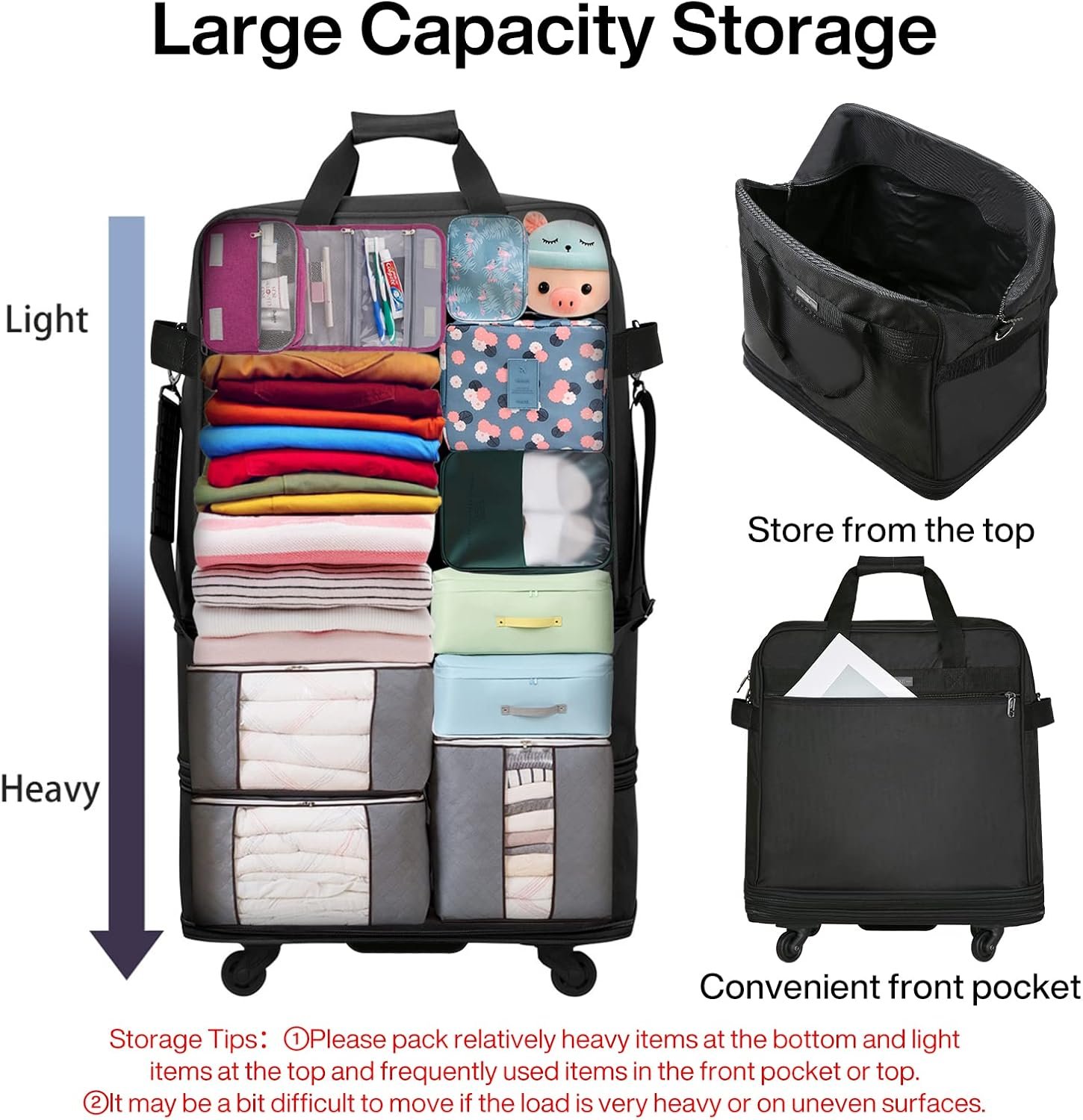 Hanke Suitcases with Wheels Expandable Foldable Luggage Bag Suitcase Collapsible Rolling Travel Bag Duffel Bag for Men Women Lightweight Suitcases without Telescoping Handle, Black - Image 5