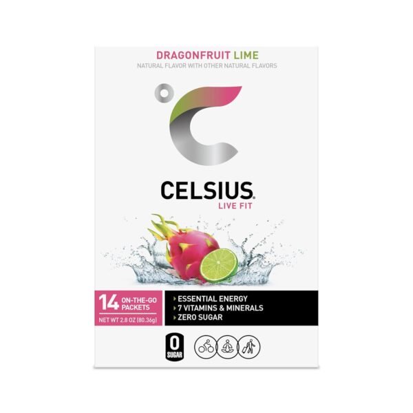 CELSIUS® On-the-Go Powder Sticks Dragonfruit Lime, Essential Energy 2.8 Oz (14 Sticks per Pack) - Image 3
