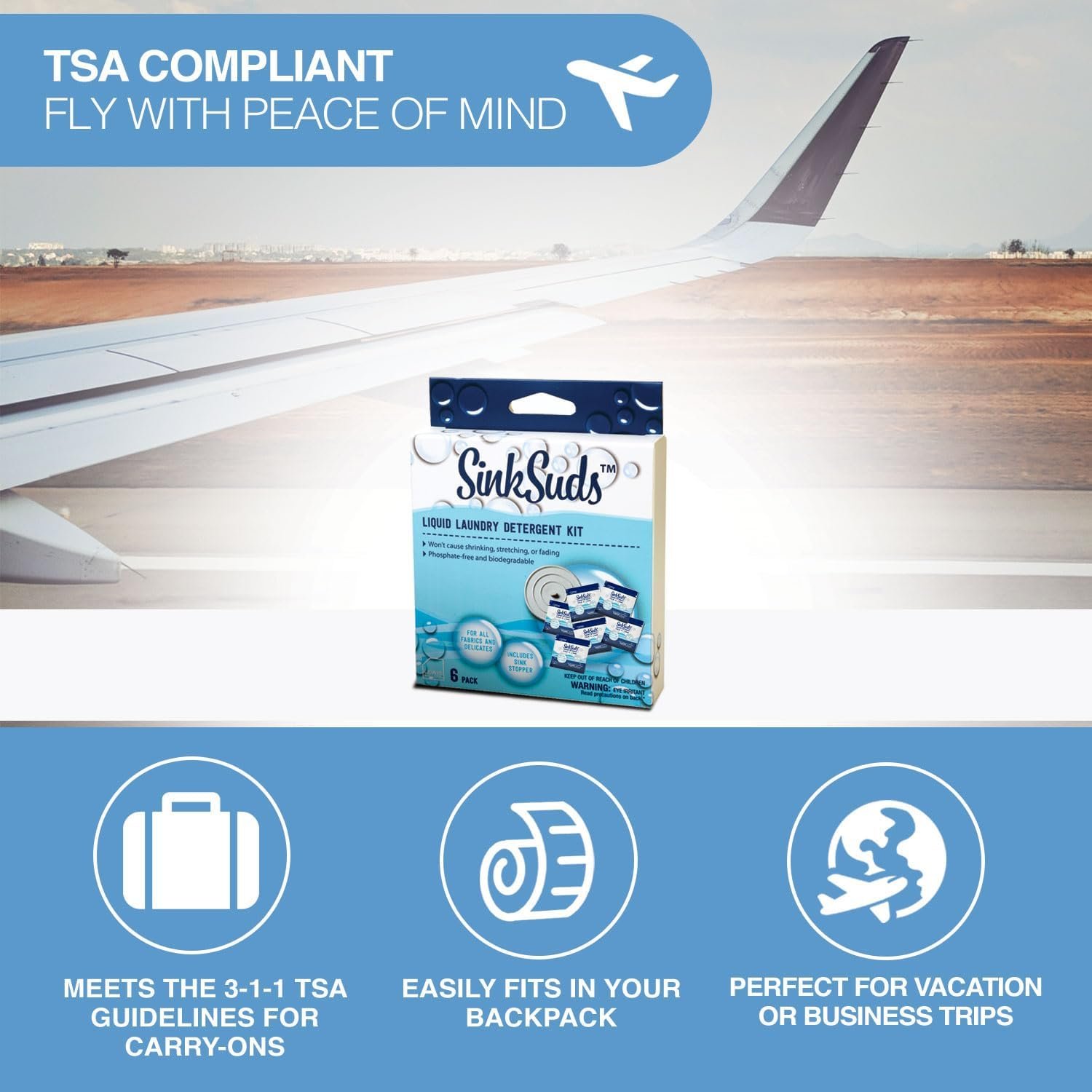 SinkSuds Laundry Detergent Travel Size Liquid Soap TSA Compliant Safe for All Fabrics 12 Packets & 2 Sink Stoppers - Image 4