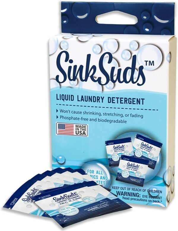 SinkSuds Laundry Detergent, Travel Size Liquid Soap, TSA Compliant, Safe For All Fabrics, 8 Packets (Packaging May Vary)