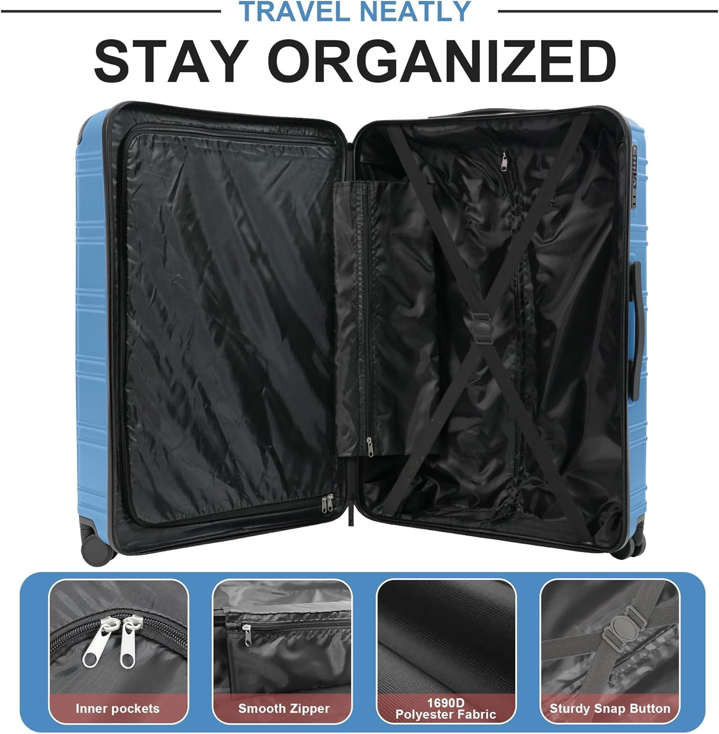 Luggage Sets 4 Piece, ABS PC Lightweight Suitcases with Wheels, Hardshell Luggage Sets Carry on Luggage Set with TSA Lock Blue (12in 20in 24in 28in) - Image 5