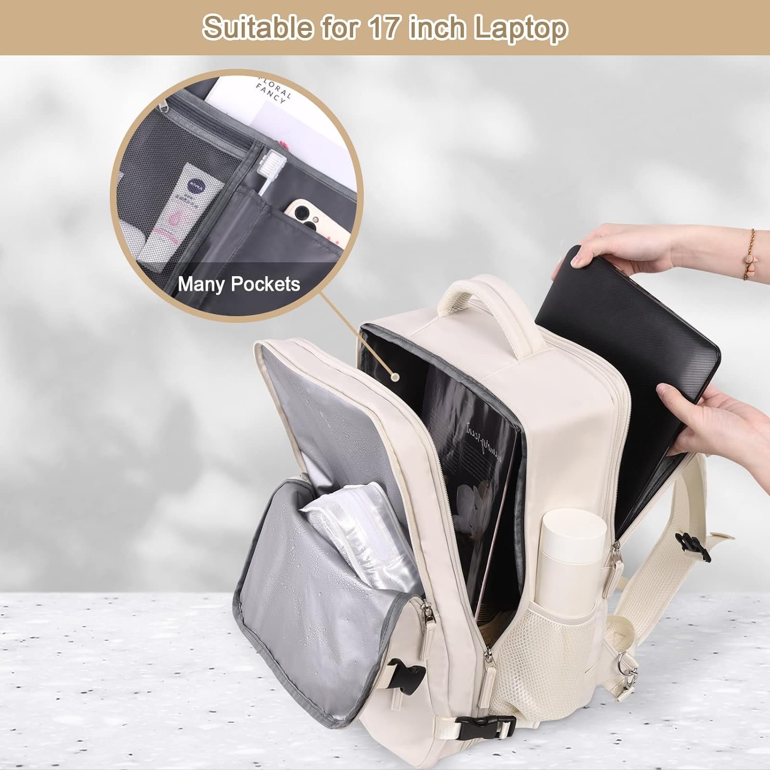 Travel Backpack for Women, Expandable 40L Carry on Flight Approved Backpack, 17 Inch Laptop Waterproof Travel Bag for College, Travel, Work, Beige - Image 5