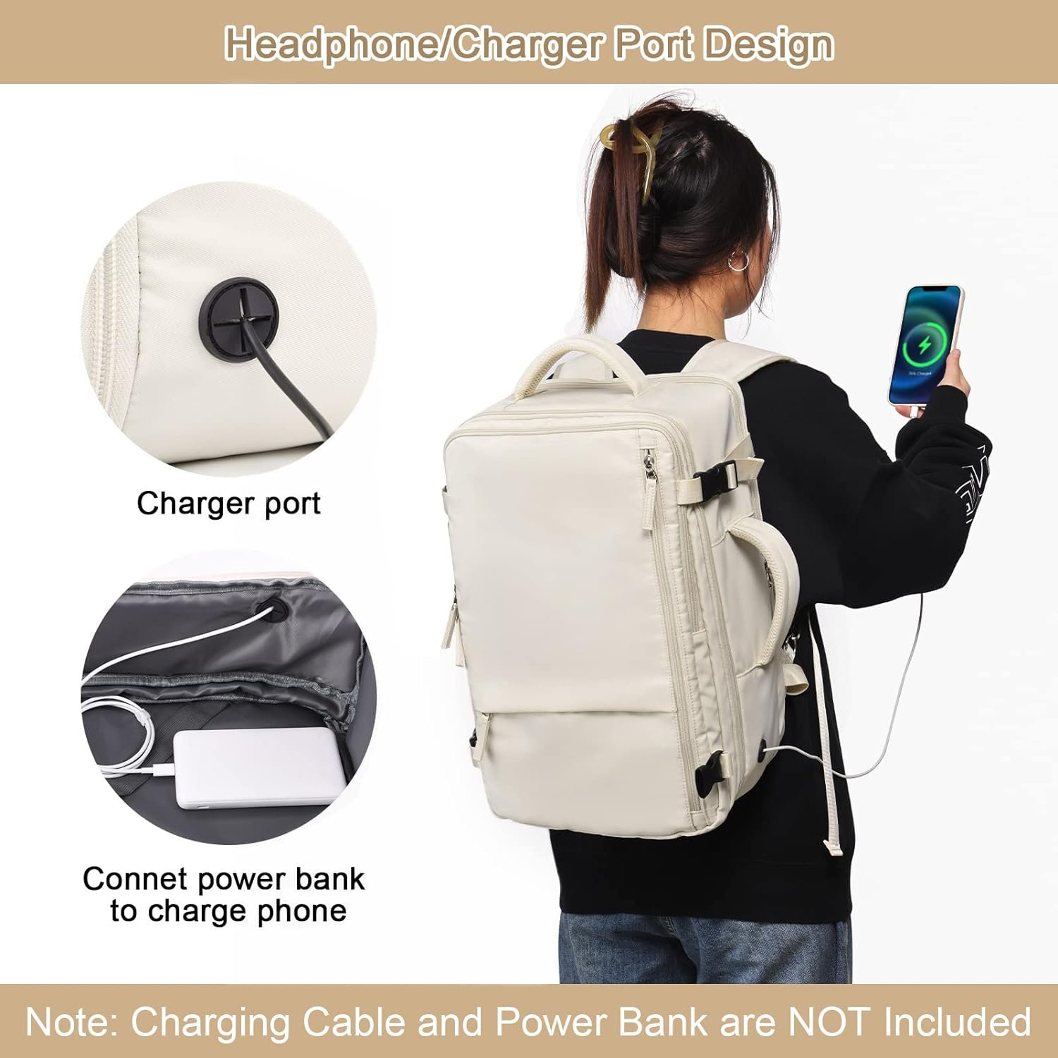 Travel Backpack for Women, Expandable 40L Carry on Flight Approved Backpack, 17 Inch Laptop Waterproof Travel Bag for College, Travel, Work, Beige - Image 8