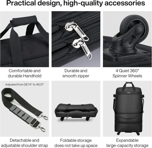 Hanke Suitcases with Wheels Expandable Foldable Luggage Bag Suitcase Collapsible Rolling Travel Bag Duffel Bag for Men Women Lightweight Suitcases without Telescoping Handle, Black - Image 4