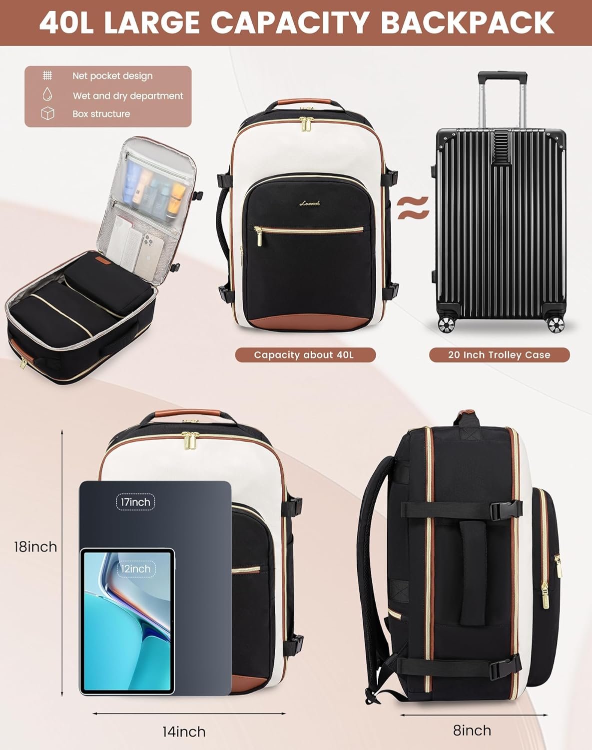 LOVEVOOK Large Travel Backpack for Women & Men, 40L Carry on Backpack for Airplanes, TSA Personal Item Travel Bag fits 17" Laptop, Waterproof Travel Essentials Airline Approved with 3 Packing Cubes - Image 6