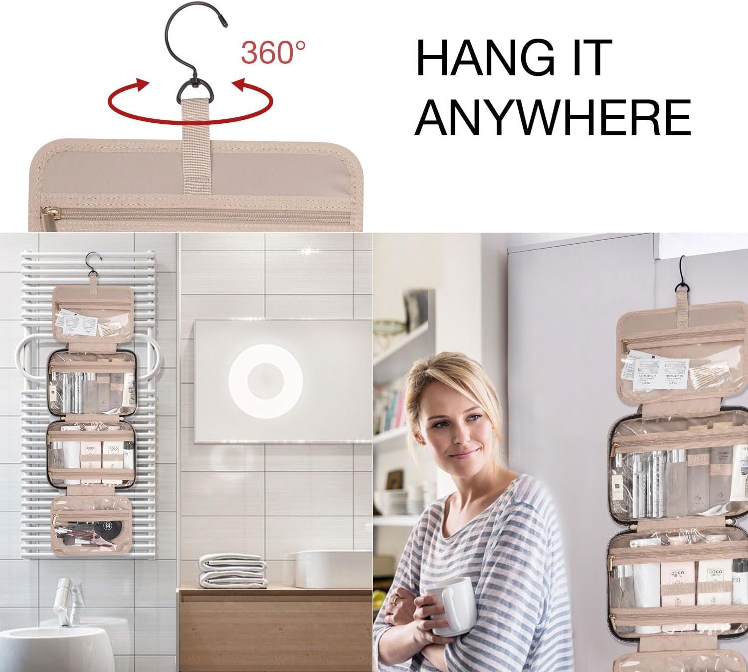 BAGSMART Toiletry Bag Travel Bag with Hanging Hook, Water-resistant Makeup Cosmetic Bag Travel Organizer for Accessories, Shampoo, Full Sized Container, Toiletries (Medium-Grey) - Image 6