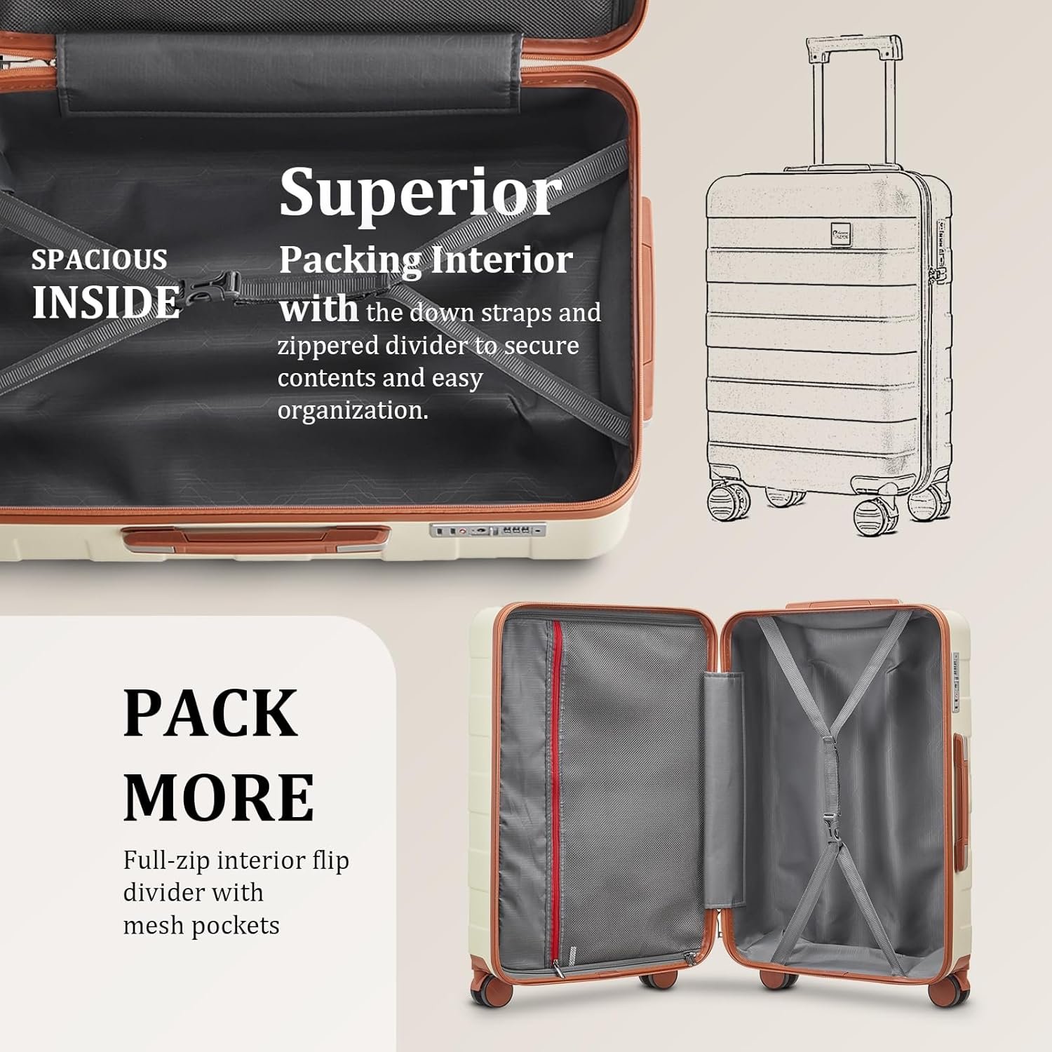 imiomo Hard Shell Luggage Sets 5 Piece for Women, Lightweight Hardside Rolling Suitcase Set with Spinner Wheels and TSA Lock, Beige - Image 5
