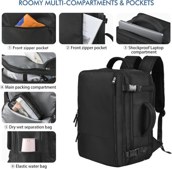 Beraliy Travel Backpack for Men Women, Large Carry On Backpack, Personal Item Bag Airline Approved, 17 inch Laptop Backpack, Business Work Gym Weekender Bag, Black - Image 8