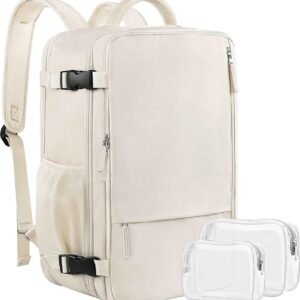 Travel Backpack for Women, Expandable 40L Carry on Flight Approved Backpack, 17 Inch Laptop Waterproof Travel Bag for College, Travel, Work, Beige