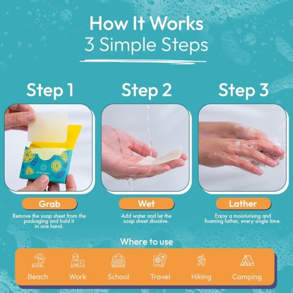 FOMIN - Antibacterial Paper Soap Sheets for Hand Washing - (300 Sheets) Orange, Tea Tree, Lavender Portable Travel Soap Sheets, Dissolvable Camping Mini Soap, Portable Hand Soap Sheet - Image 2