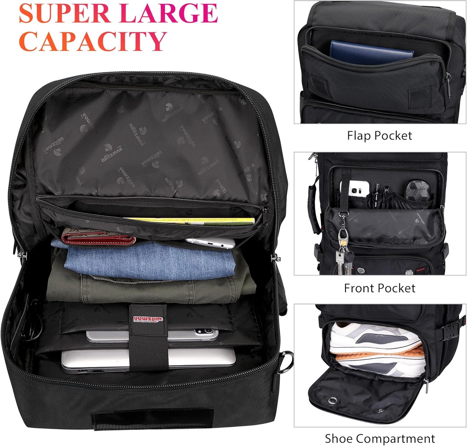 WITZMAN Carry on Travel Backpack for Men Airline Approved Convertible Nylon Duffle Backpack Luggage Bag (B682 Black) - Image 5