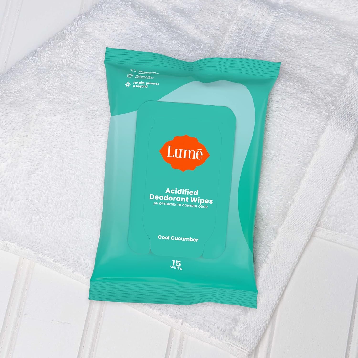Lume Acidified Deodorant Wipes - 24 Hour Odor Control - Aluminum Free, Baking Soda Free, Skin Loving - 15 Count (Pack of 3) (Cool Cucumber) - Image 6