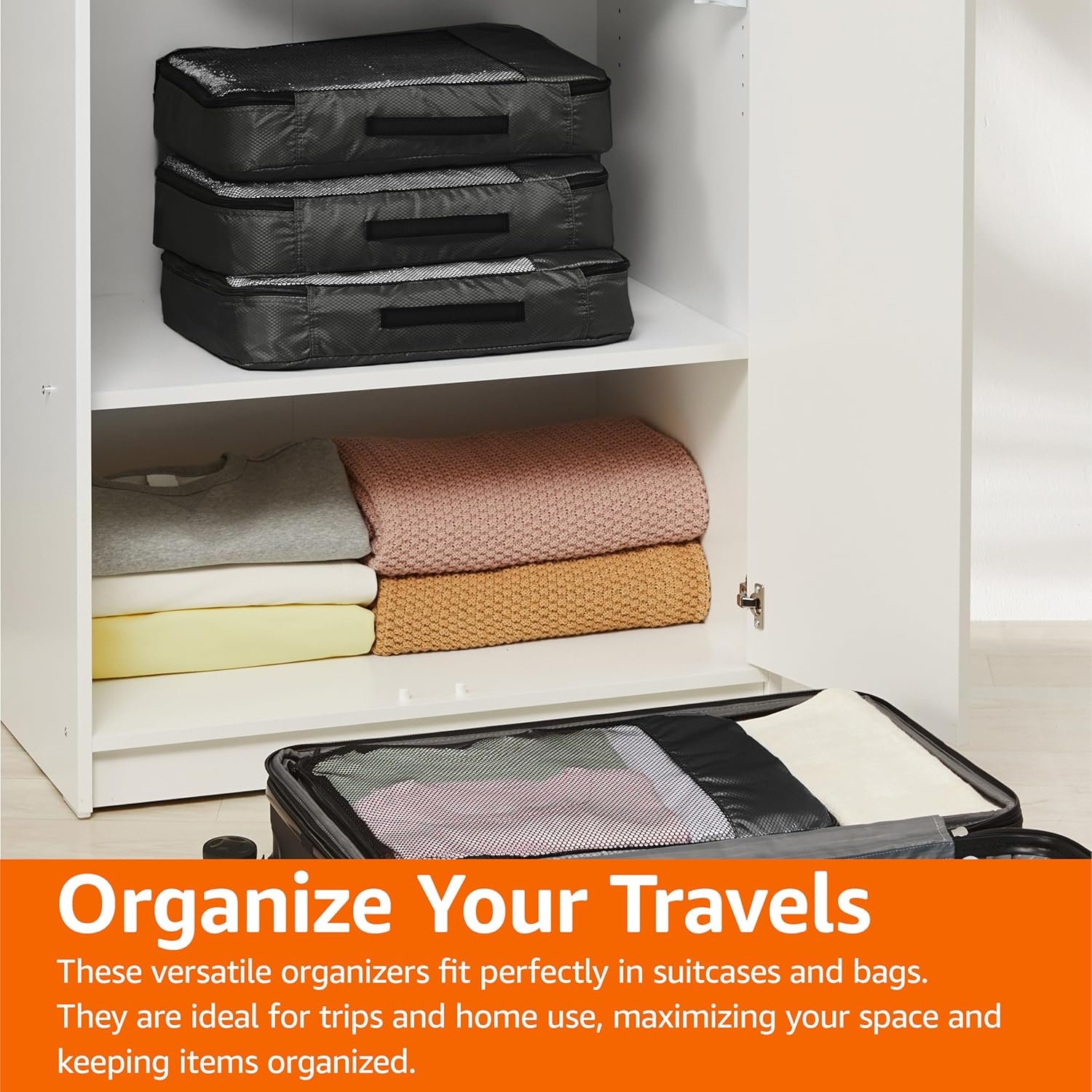 Amazon Basics Large Packing Cubes for Travel, Packing Organizers, 4-Piece-Set With Double Zipper Pulls and Mesh Top Panel, 100% Durable Polyester, Black, 17.5"L x 12.8"W x 3.3"H - Image 7