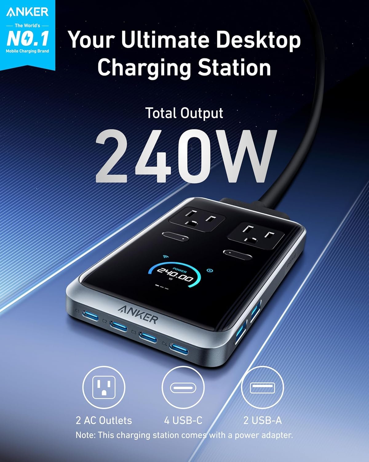 Anker Prime Charging Station, 240W 8-in-1 USB-C Power Strip, 5 ft Detachable Extension Cord, 2 AC, 4 USB-C, 2 USB-A, for iPhone 16/15, Desktop Accessory for MacBook, Home, Office (Not for Travel) - Image 2