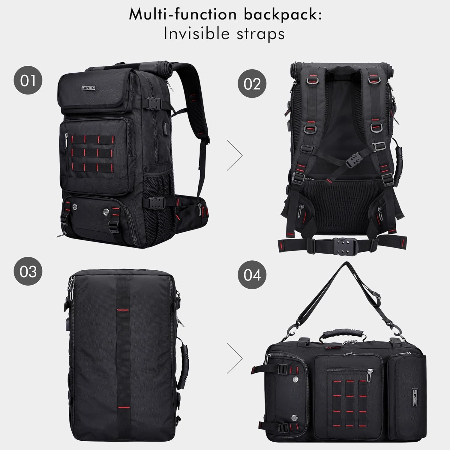 WITZMAN Carry on Travel Backpack for Men Airline Approved Convertible Nylon Duffle Backpack Luggage Bag (B682 Black) - Image 3