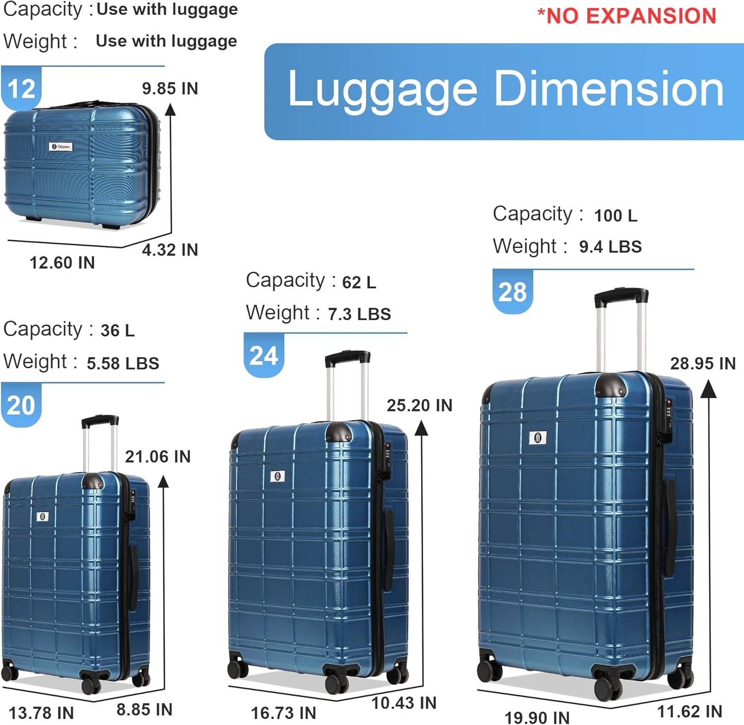 Luggage Sets 4 Piece, ABS PC Lightweight Suitcases with Wheels, Hardshell Luggage Sets Carry on Luggage Set with TSA Lock Blue (12in 20in 24in 28in) - Image 6