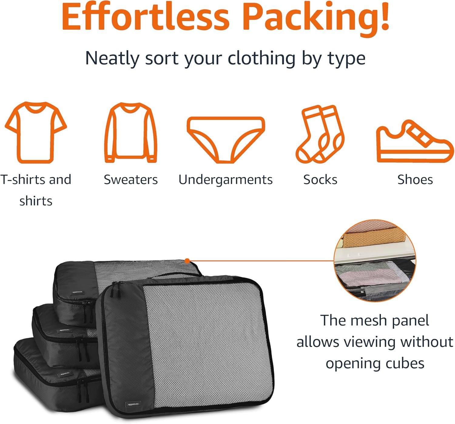 Amazon Basics Large Packing Cubes for Travel, Packing Organizers, 4-Piece-Set With Double Zipper Pulls and Mesh Top Panel, 100% Durable Polyester, Black, 17.5"L x 12.8"W x 3.3"H - Image 2