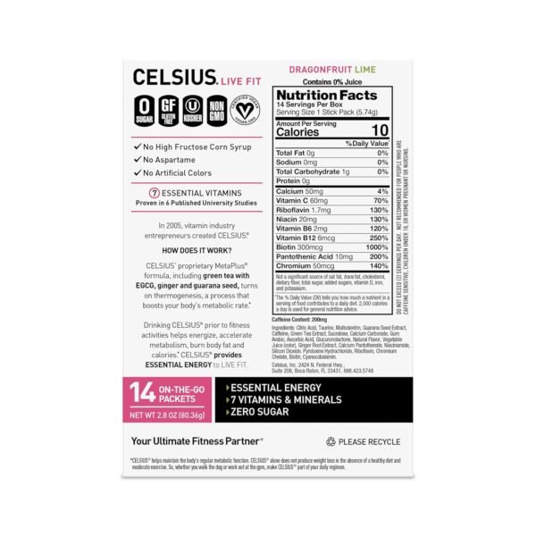 CELSIUS® On-the-Go Powder Sticks Dragonfruit Lime, Essential Energy 2.8 Oz (14 Sticks per Pack) - Image 4