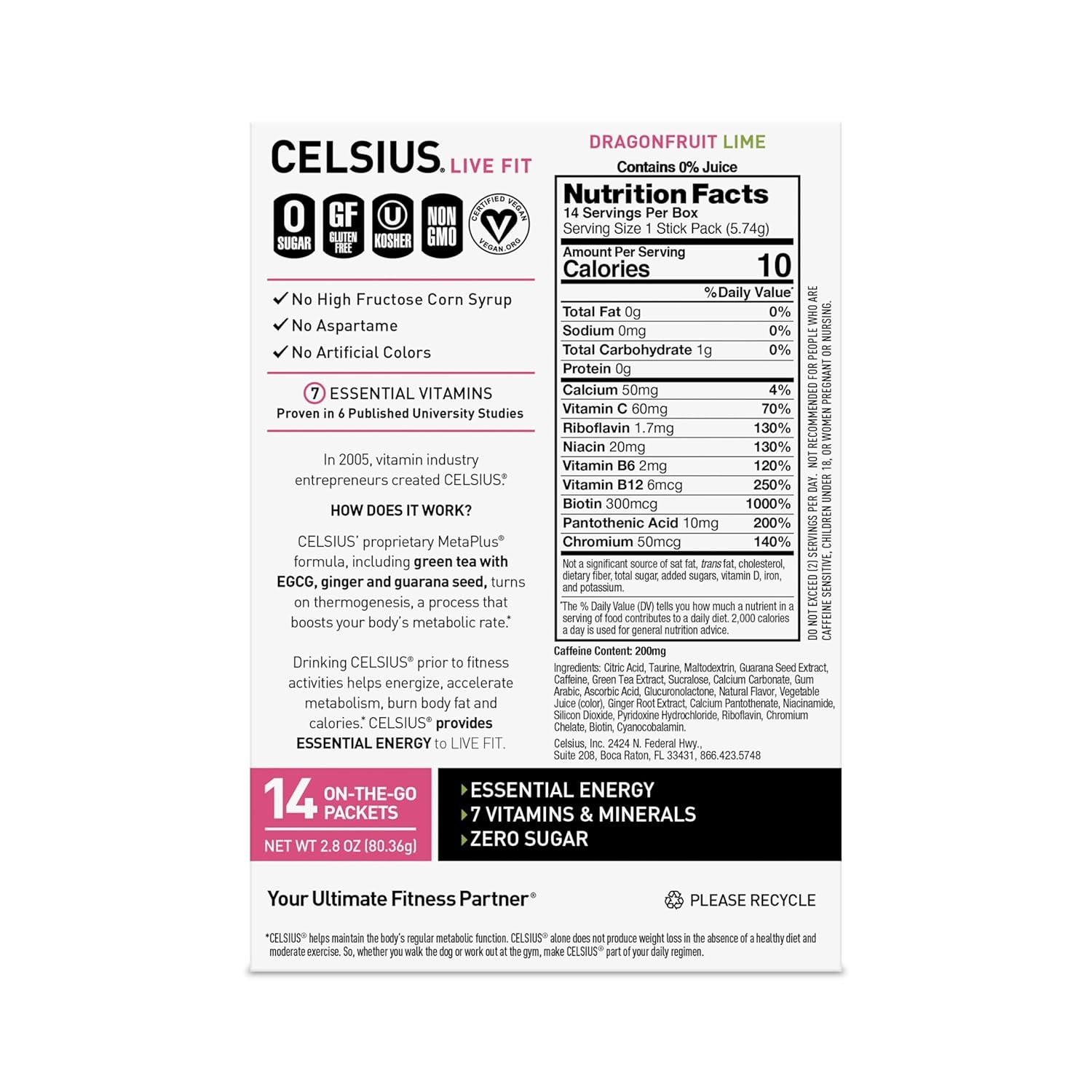 CELSIUS® On-the-Go Powder Sticks Dragonfruit Lime, Essential Energy 2.8 Oz (14 Sticks per Pack) - Image 4