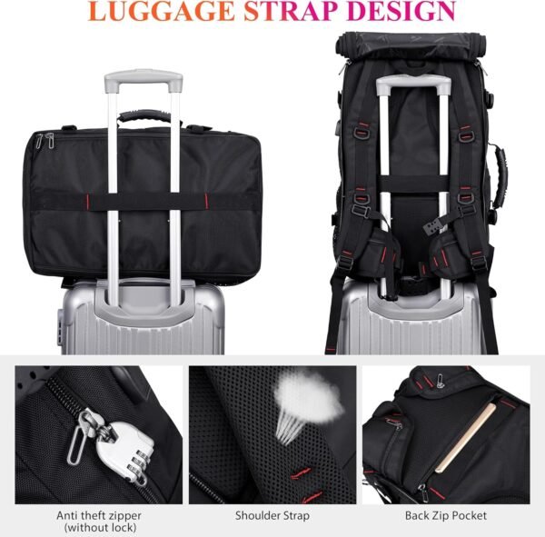 WITZMAN Carry on Travel Backpack for Men Airline Approved Convertible Nylon Duffle Backpack Luggage Bag (B682 Black) - Image 6