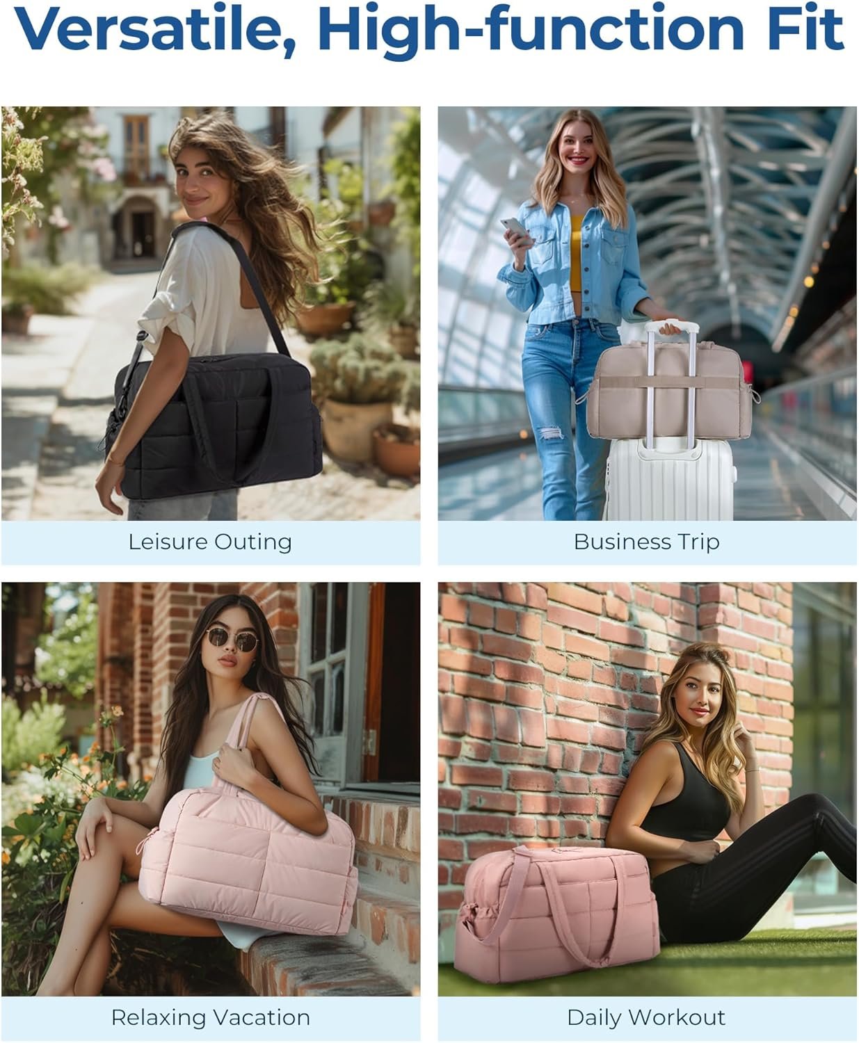 BAGSMART Gym Bag for Women with Toiletry Pouch, Lightweight Weekender Bags for Women with Wet Pocket, 31L Quilted Travel Duffle Carry On Bag, Weekender Overnight Bag for Travel,Water Resistant, Camel - Image 2