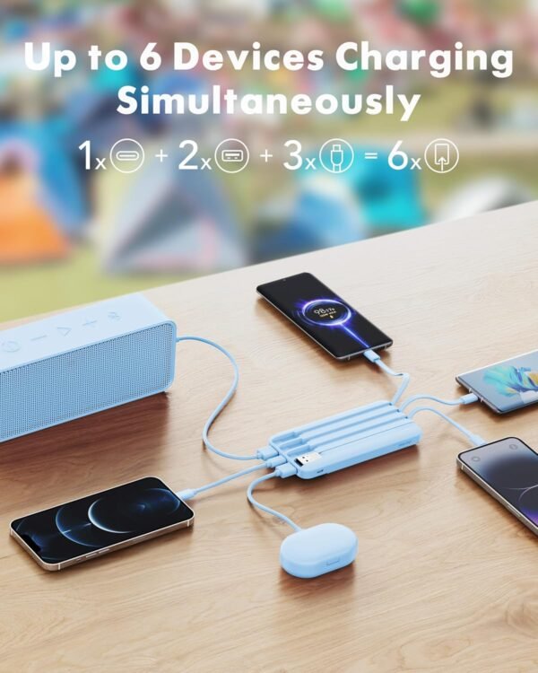 Portable Charger with Built in Cables, Portable Charger with Cords Wires Slim 10000mAh Travel Battery Pack 6 Outputs 3 Inputs 3A Fast Charging Power Bank for Samsung Google Pixel LG Moto iPhone iPad - Image 3