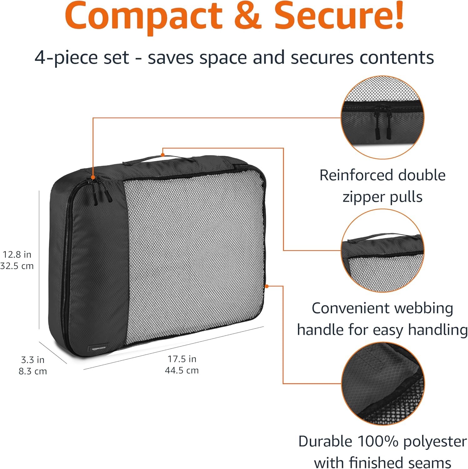 Amazon Basics Large Packing Cubes for Travel, Packing Organizers, 4-Piece-Set With Double Zipper Pulls and Mesh Top Panel, 100% Durable Polyester, Black, 17.5"L x 12.8"W x 3.3"H - Image 3