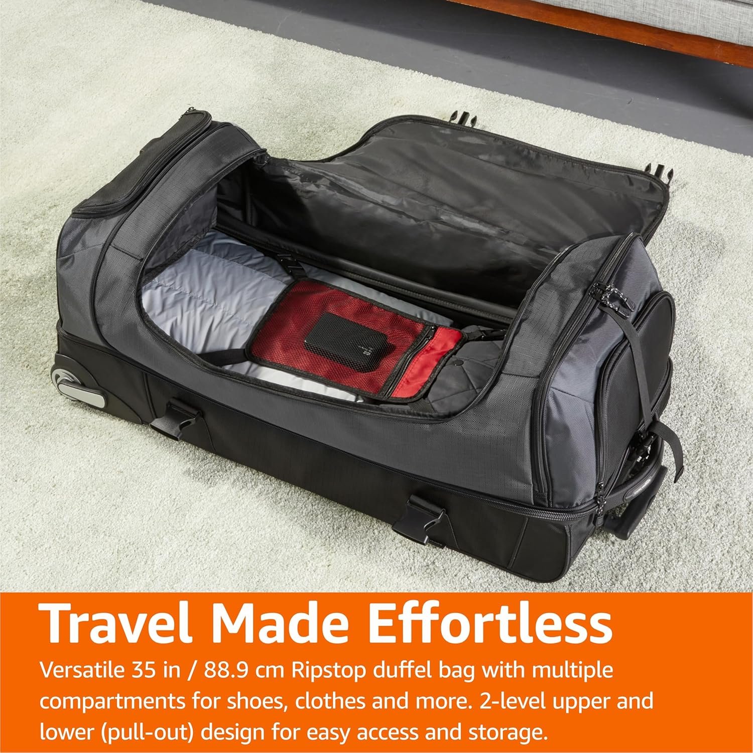 Amazon Basics 35-Inch Large Rolling Duffle Bag with Wheels and Handle, Travel Duffle Bag with Durable Ripstop Polyester Material, 2 Layers of Space, Multiple Interior and Exterior Pockets, Black - Image 6
