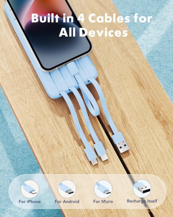 Portable Charger with Built in Cables, Portable Charger with Cords Wires Slim 10000mAh Travel Battery Pack 6 Outputs 3 Inputs 3A Fast Charging Power Bank for Samsung Google Pixel LG Moto iPhone iPad - Image 2